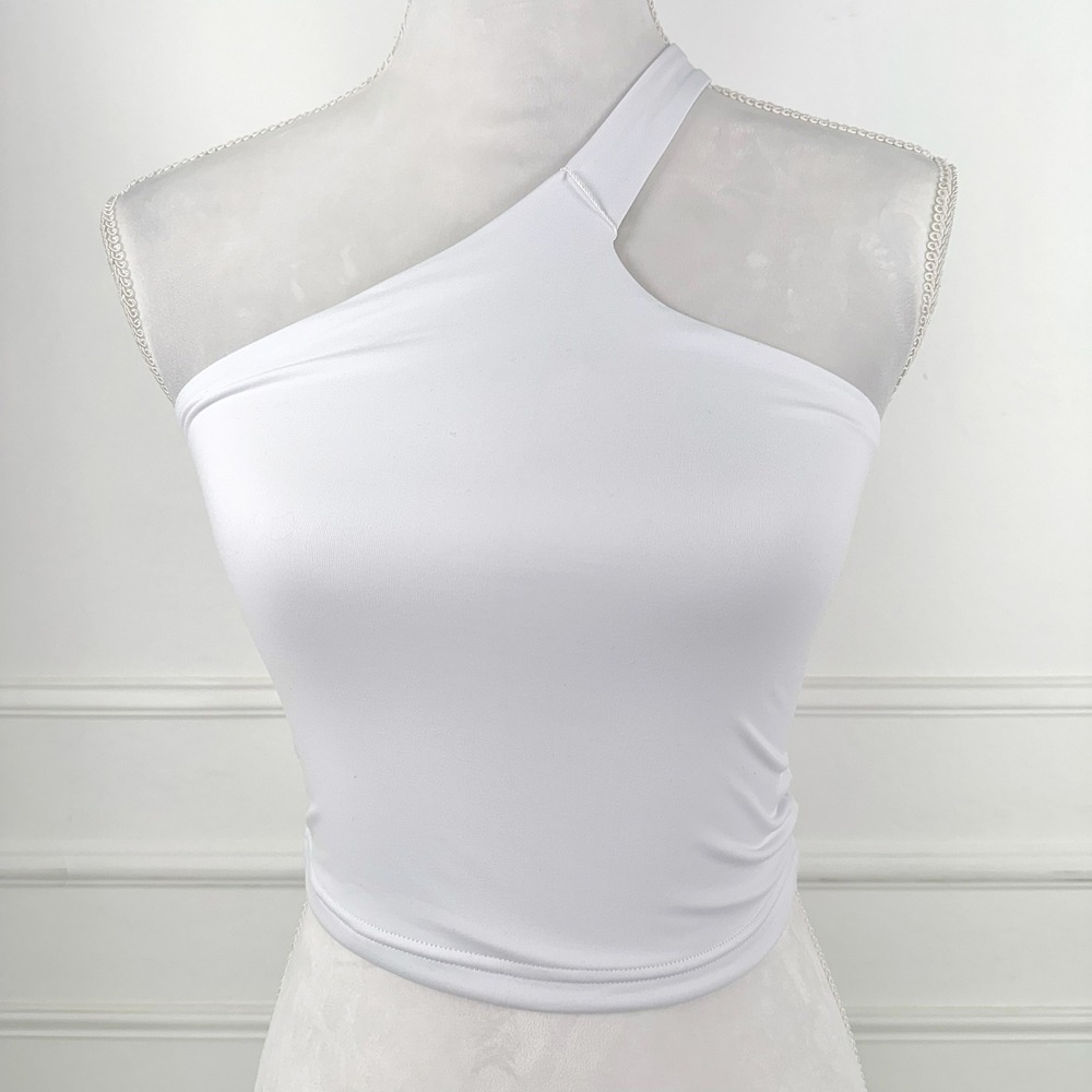 Reoria One Shoulder Crop Top Womens Small White Asymmetrical Sleek Minimalist